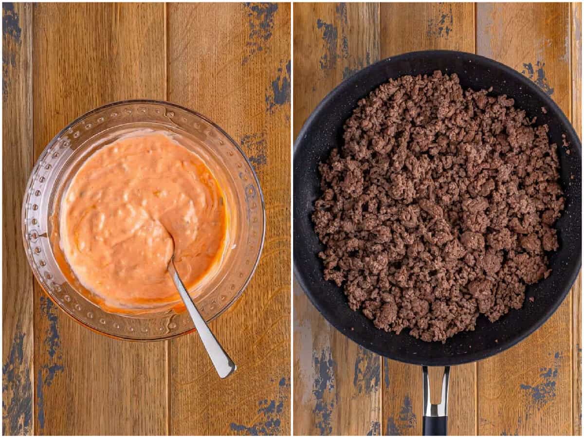 collage of two photos: a glass bowl of big Mac sauce and a skillet with cooked and crumbled ground beef. 