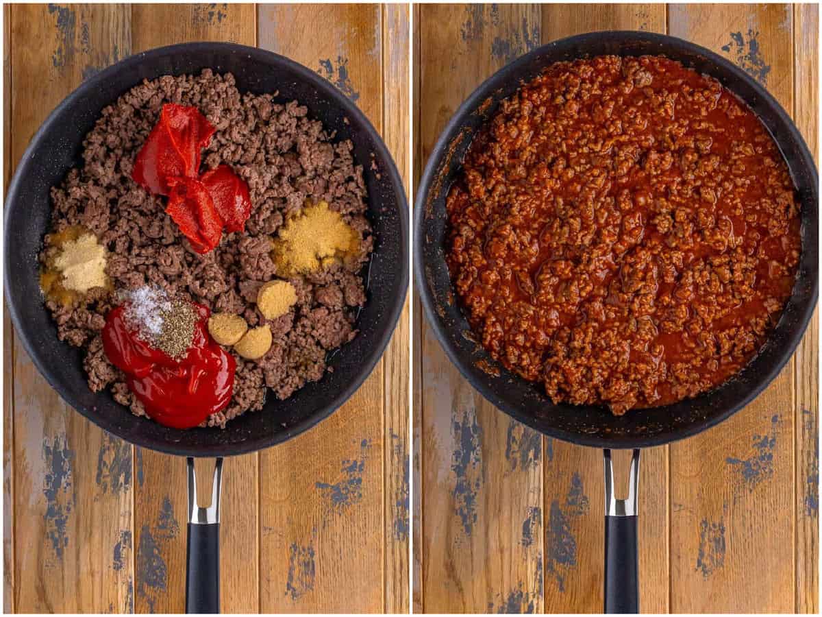 a collage of two photos: a skillet with ground beef and the rest of the sauce ingredients on top to make a sloppy Joe mixture; a skillet showing fully mixed sloppy Joe mixture. 