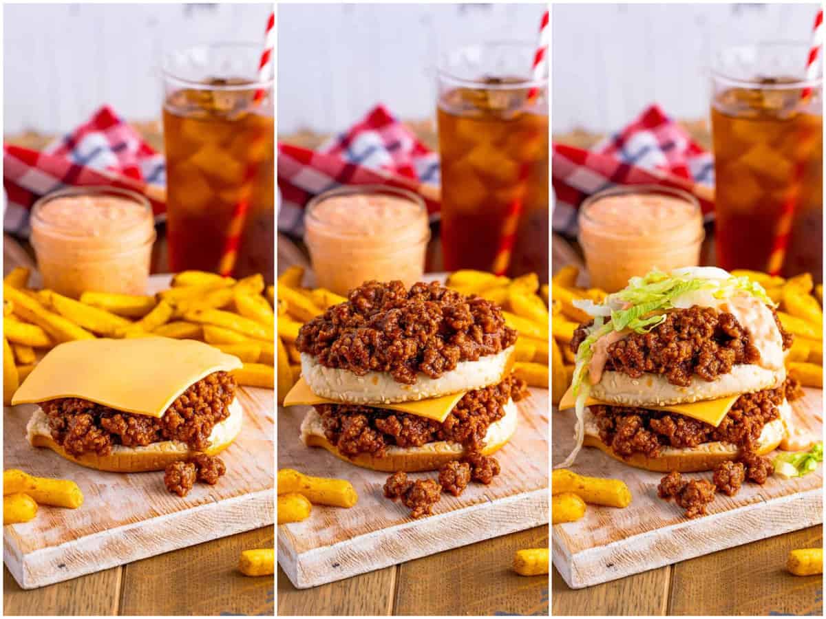 a collage of three photos: building the Big Mac sloppy Joe with a bottom bun, sloppy Joe mix and a slice of cheese; second step of building the sloppy Joe by adding a bottom bun and more mixture; Big Mac sauce added on top with shredded lettuce. 