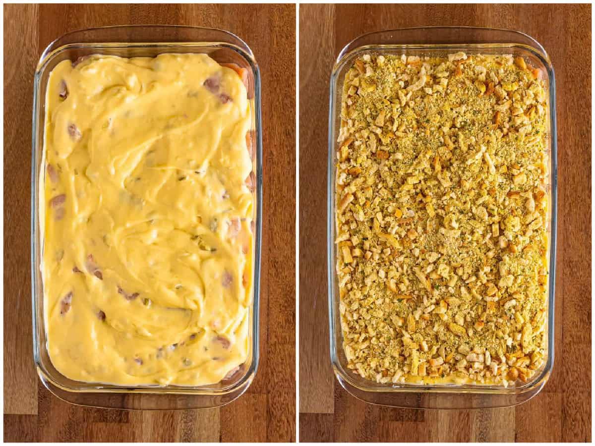 a collage of two photos: a glass baking dish with chicken and a mixture of milk, cream of chicken, and cream of celery soup on top and a baking dish of chicken, soup mixtures, and chicken stovetop stuffing on top.
