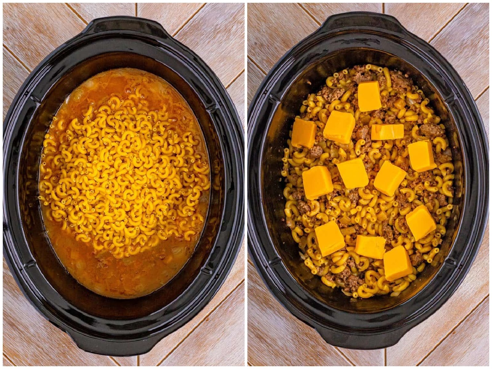 collage of two photos: macaroni noodles added to slow cooker; cubed pieces of Velvet added to slow cooker. 