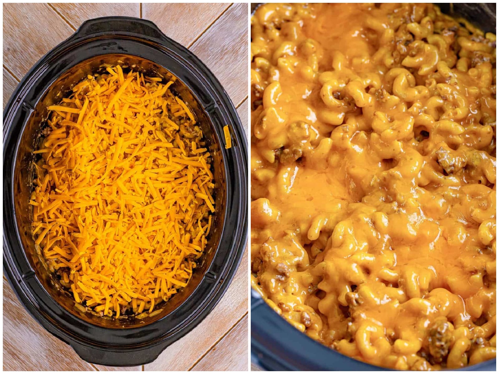 collage of two photos: shredded cheddar cheese add into slow cooker; cheeseburger macaroni fully cooked in the crock pot with melted cheese on top.