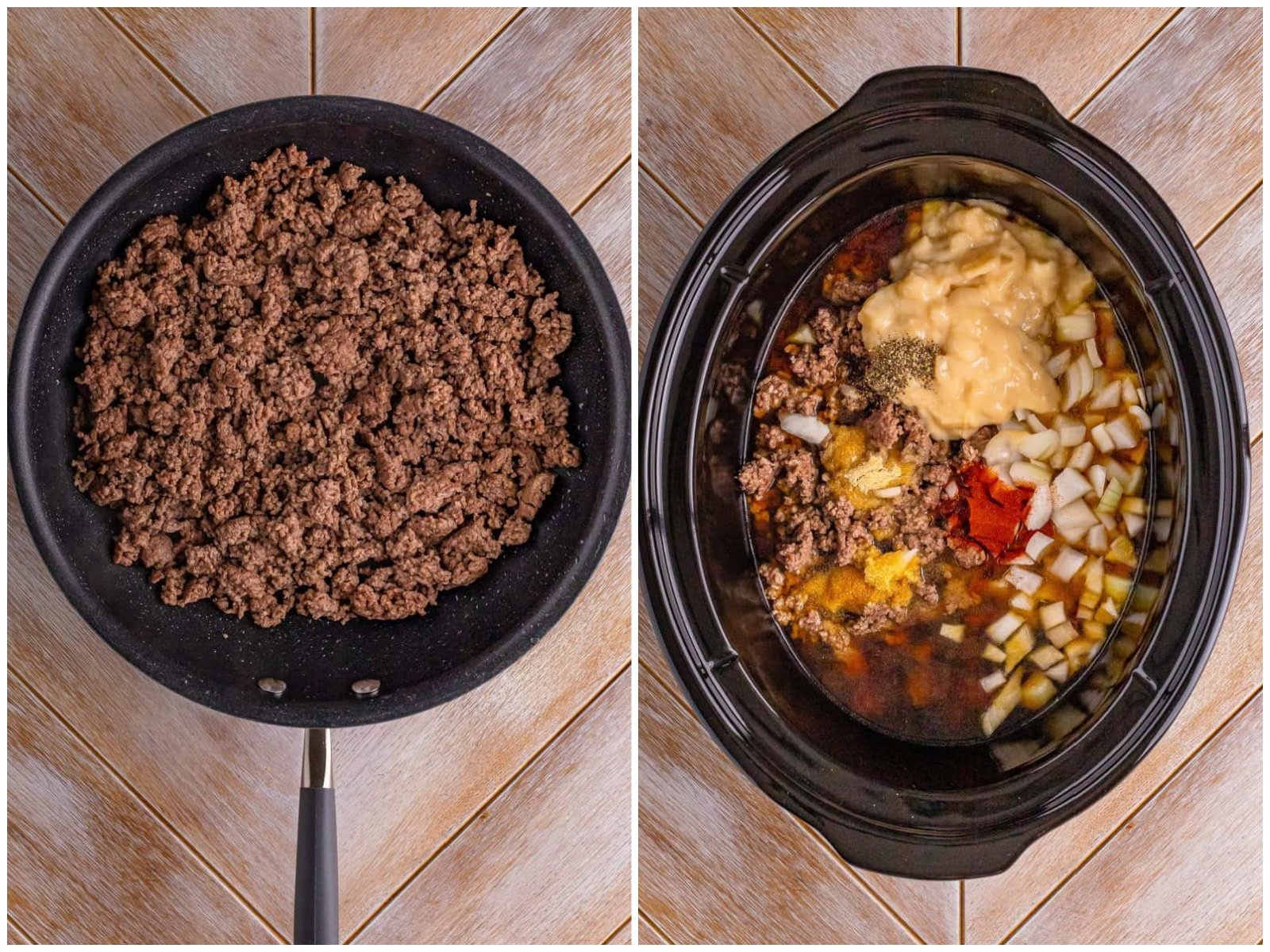 collage of two photos: cooked ground beef in a skillet; a crockpot insert full of cooked ground beef, herbs and spices, beef stock, onion, and can of potato soup