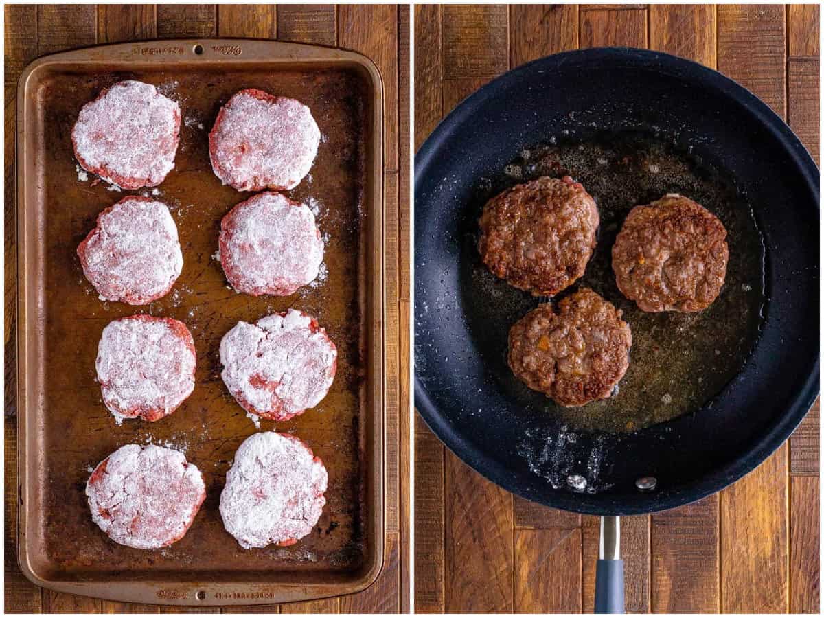 collage of two photos: flour covered beef patties on a baking sheet; browning beef patties in a skillet. 