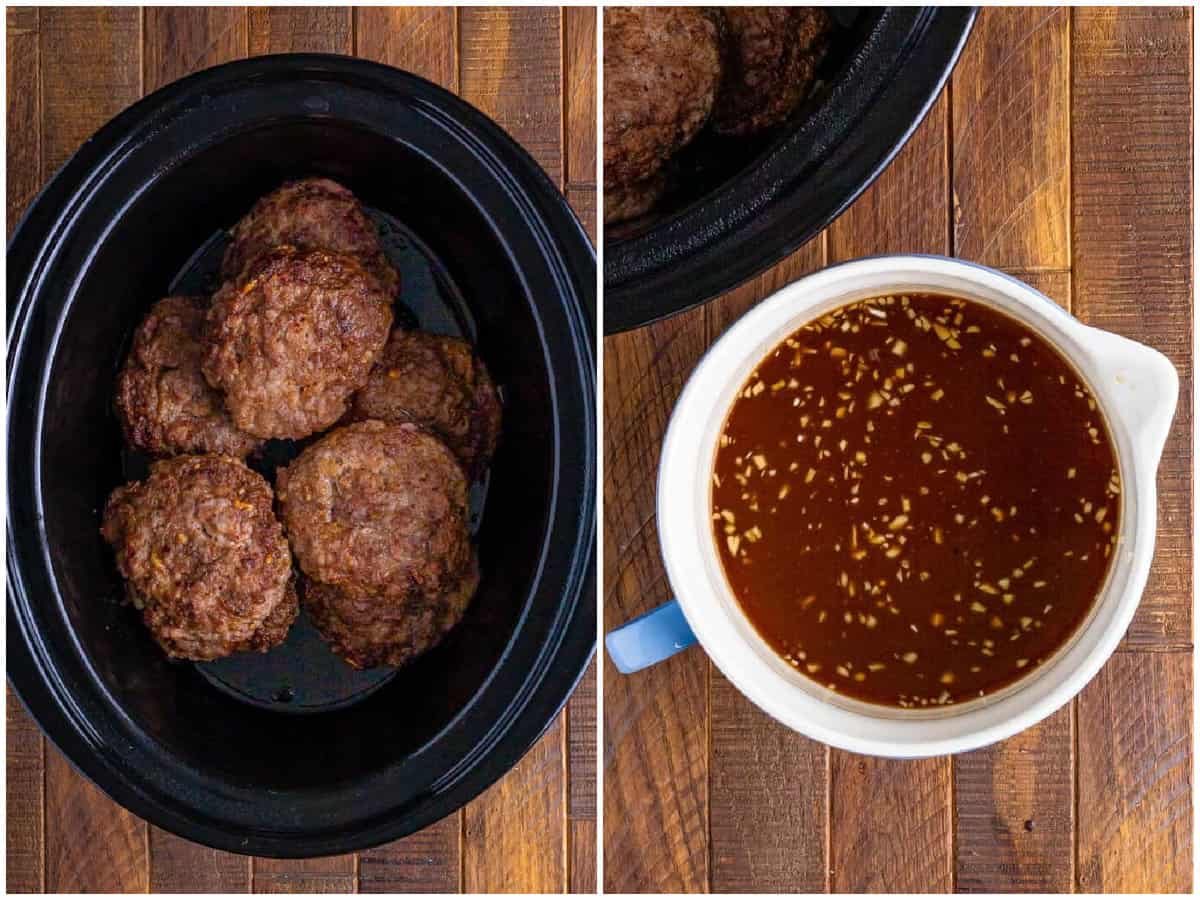 collage of two photos: beef patties in a slow cooker;  beef broth, au jus, gravy mix, garlic, Worcestershire sauce and dijon mustard mixed together in a bowl. 