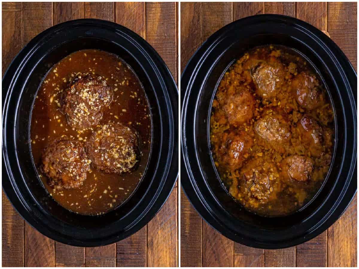 collage of two photos: gravy mixture poured over patties in slow cooker; cooked patties in slow cooker.