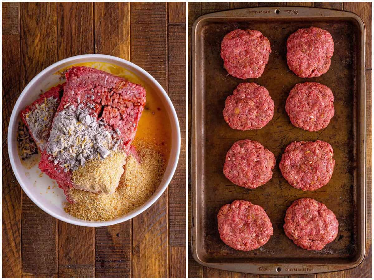 collage of two photos: ground beef, egg, breadcrumbs, milk, onion soup mix and Worcestershire sauce in a white bowl; ground beef patties on a baking sheet. 