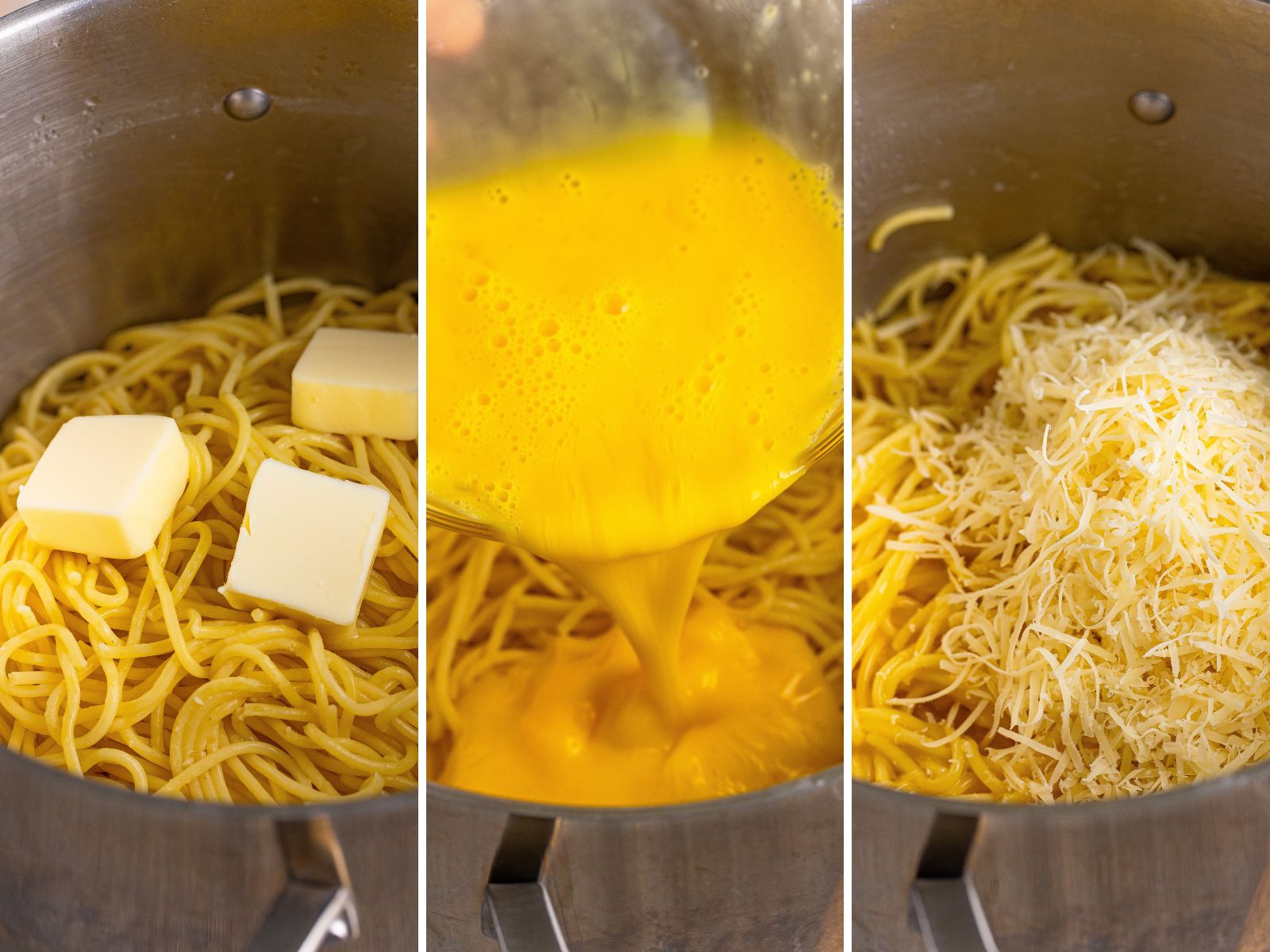 Spaghetti with butter, eggs being added and then cheese added. 