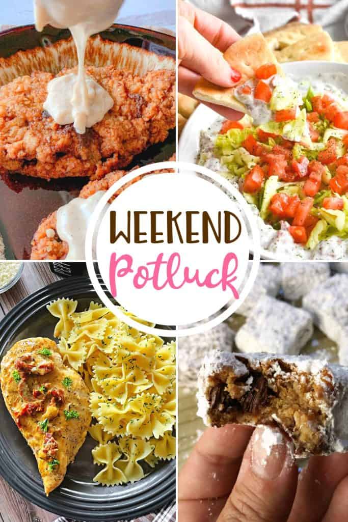 Weekend Potluck featured recipes: Cracker Barrel Country Fried Steak, Gyro Dip, Marry Me Chicken and Man Bars.