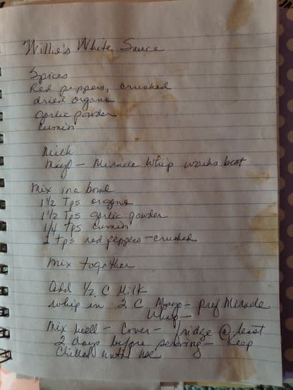 Handwritten Virginia White Sauce recipe.