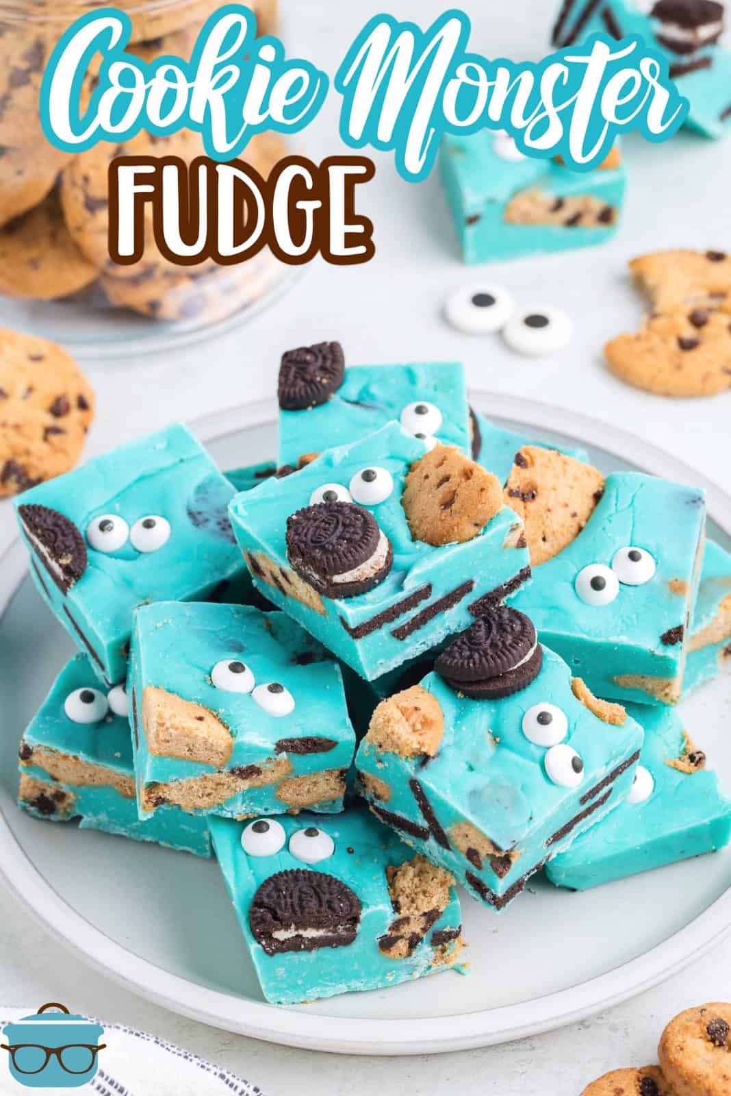 A plate with Cookie Monster Fudge and cookies and eyes around it.