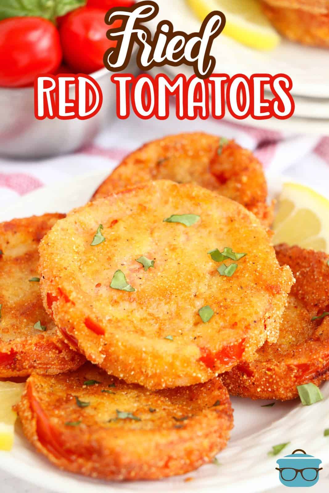A few Fried Red Tomatoes in a pile on a plate.