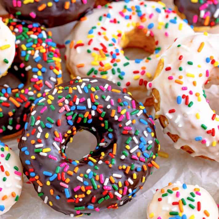 Chocolate and vanilla frosted donuts.