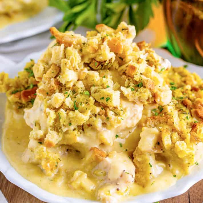 A plate of Chicken and Stuffing Casserole piled on.
