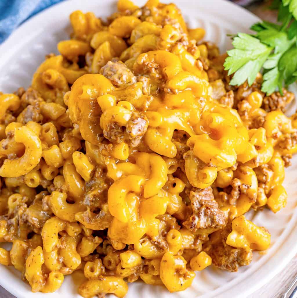 A plate with cheeseburger macaroni.