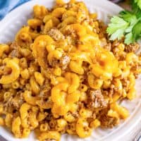 A plate with cheeseburger macaroni.