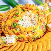 A jalapeno popper cheeseball with crackers surrounding it.