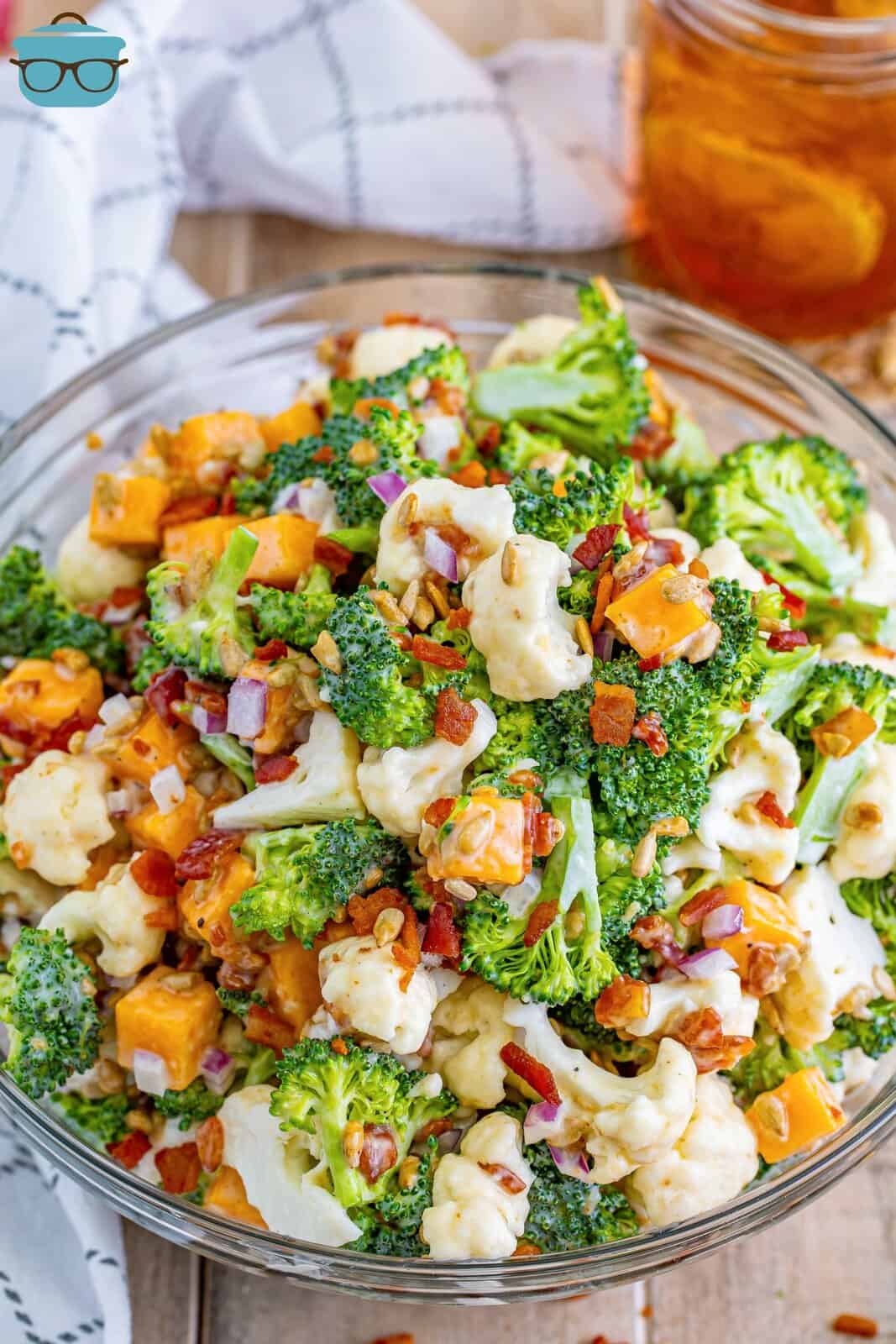 A bowl of broccoli and cauliflower salad.