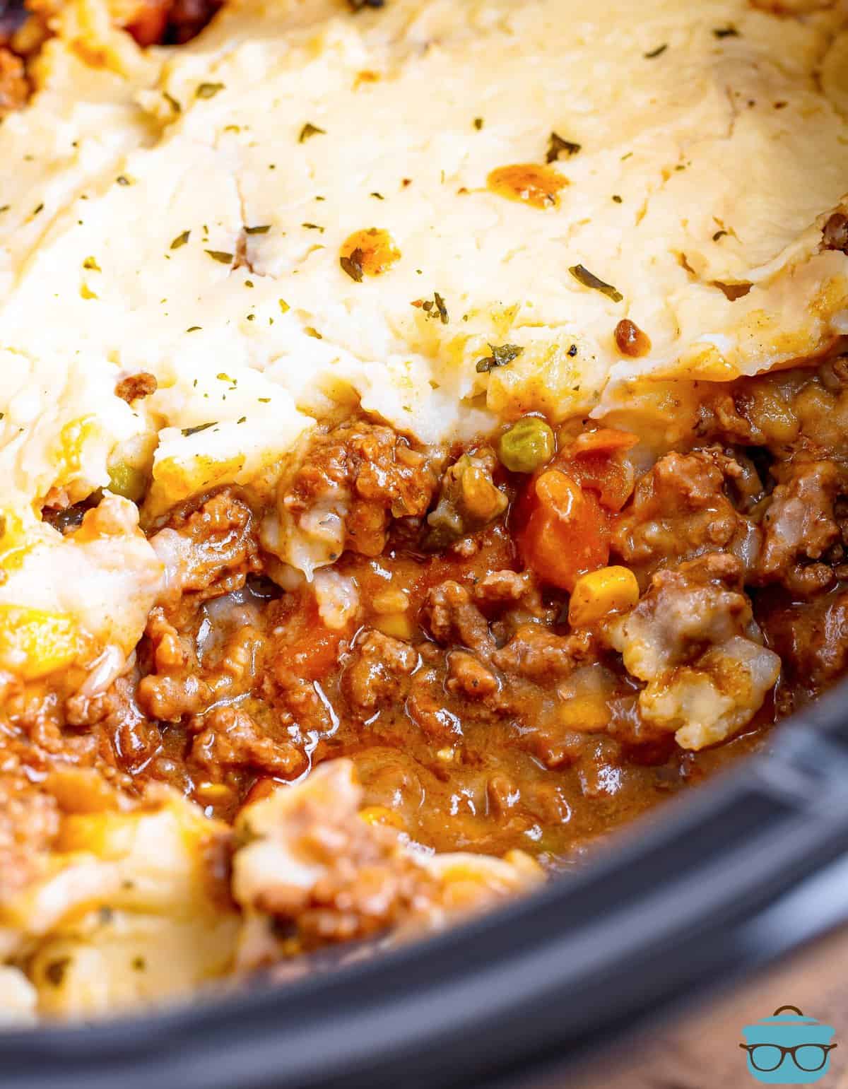 Slow Cooker Shepherd's Pie with a serving taken out.