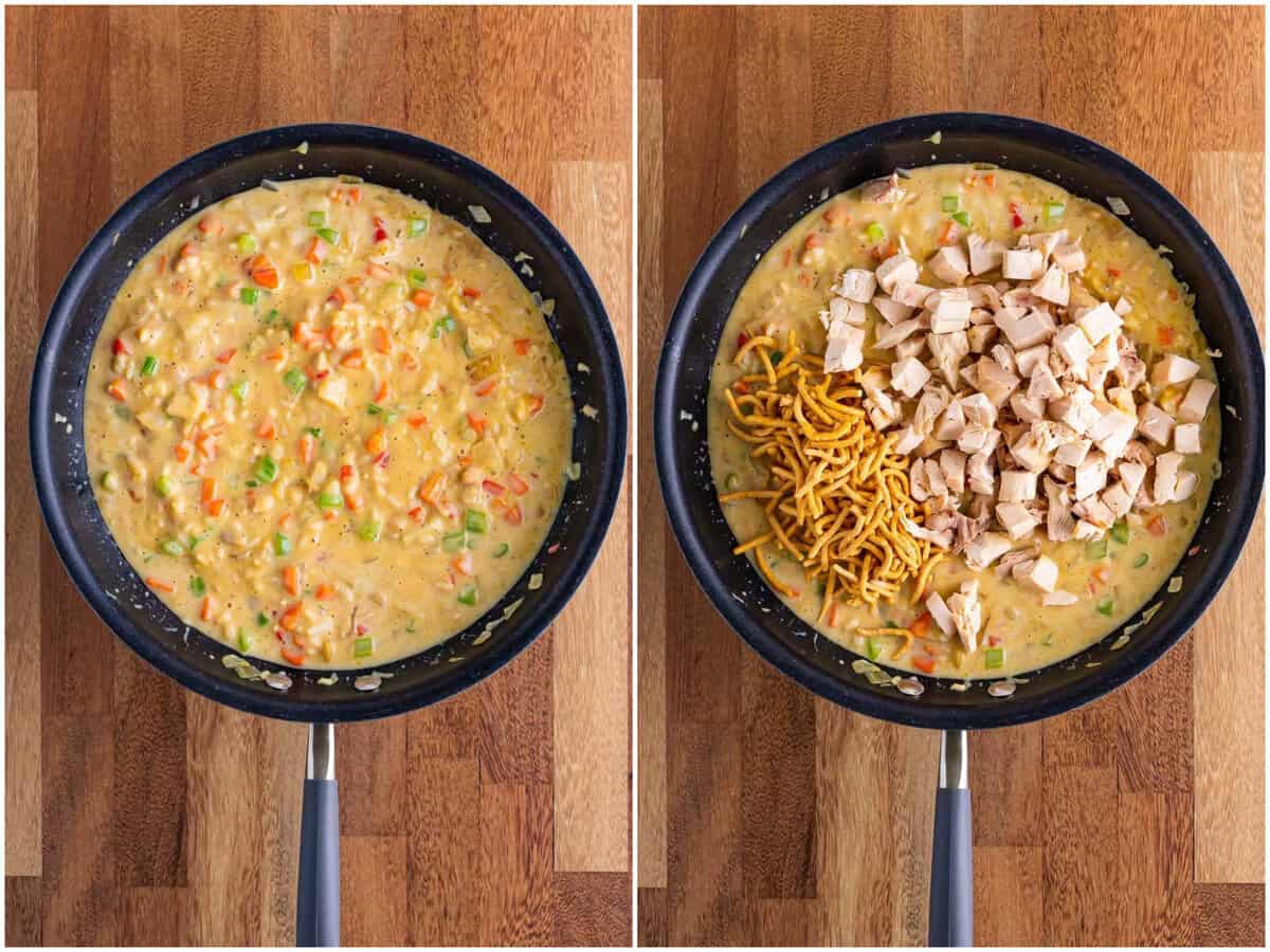 collage of two photos: A skillet with carrots, celery, onion, butter, water chestnuts, cream of chicken soup, chicken and rice soup, milk, pepper and soy sauce; a skillet with ingredients cooking down and chicken and some chow mein noodles on top. 