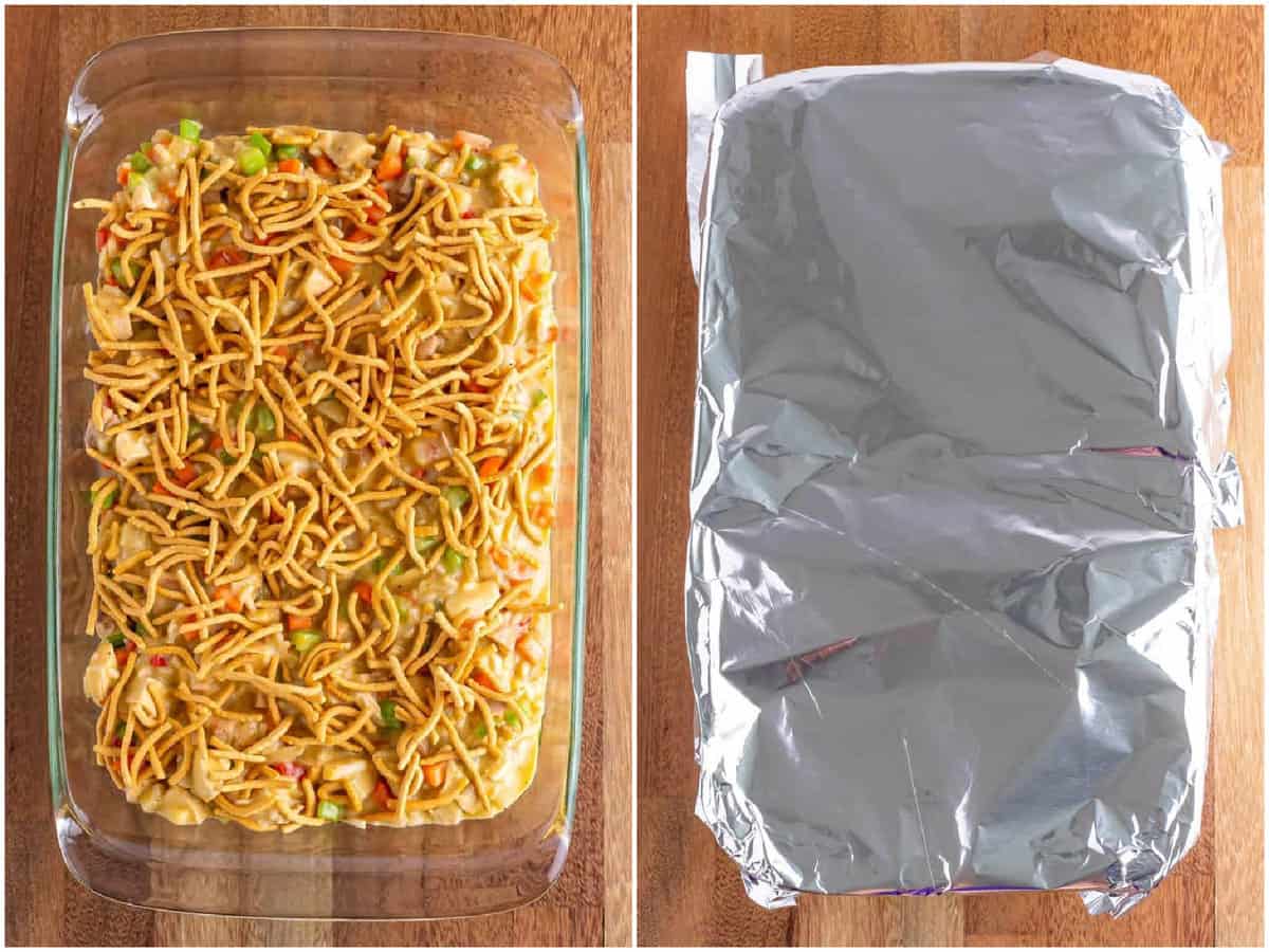 a collage of two photos: a baking dish with chicken chow mein casserole; baking dish shown covered with aluminum foil.