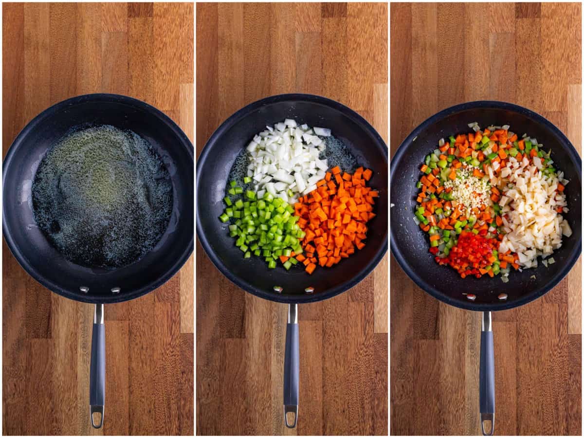 a collage of three photos: melted butter in a skillet; chopped onions, celery and carrots in a skillet; diced pimentos, garlic and water chestnuts added to skillet.