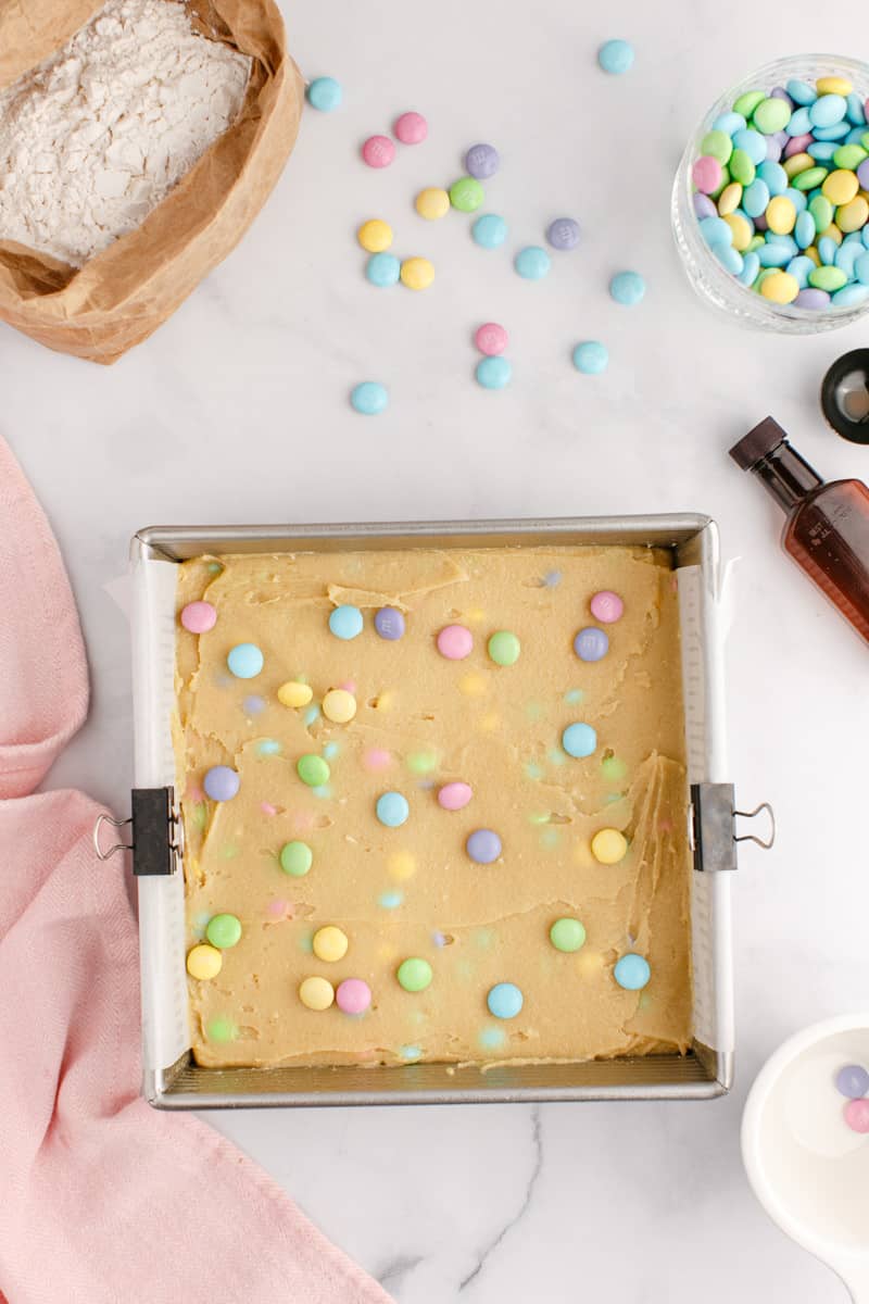 Easter blondies with pastel M&M's on top.