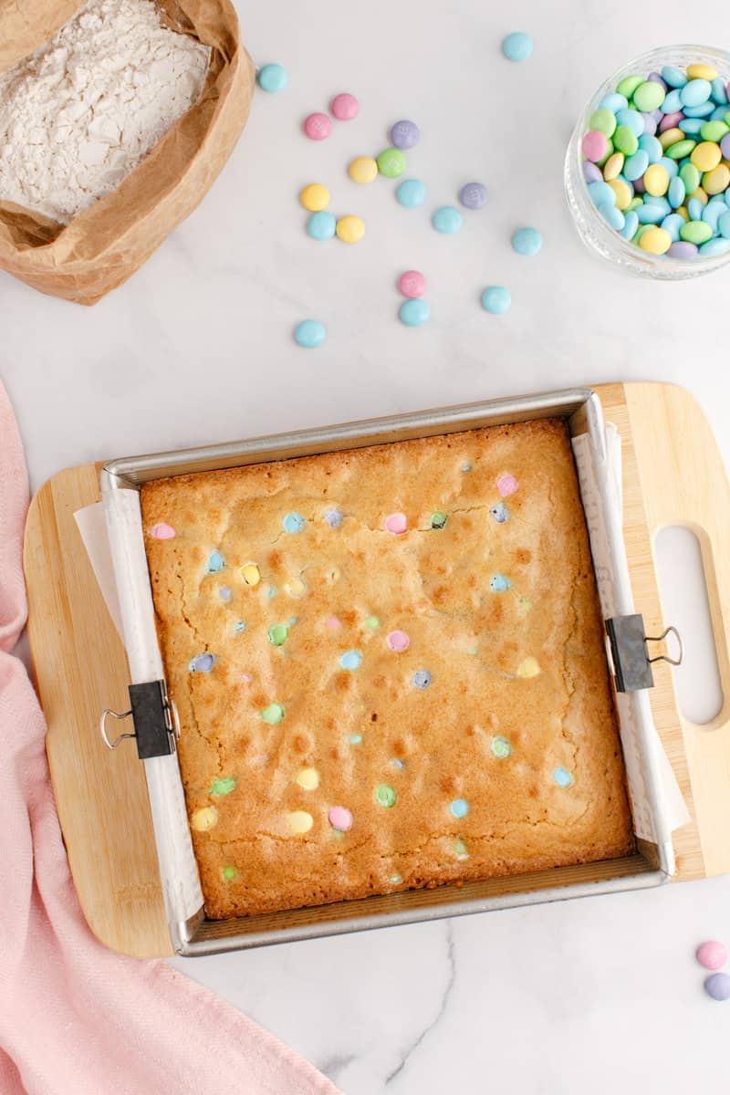 Baked Easter Blondies in a baking pan. 