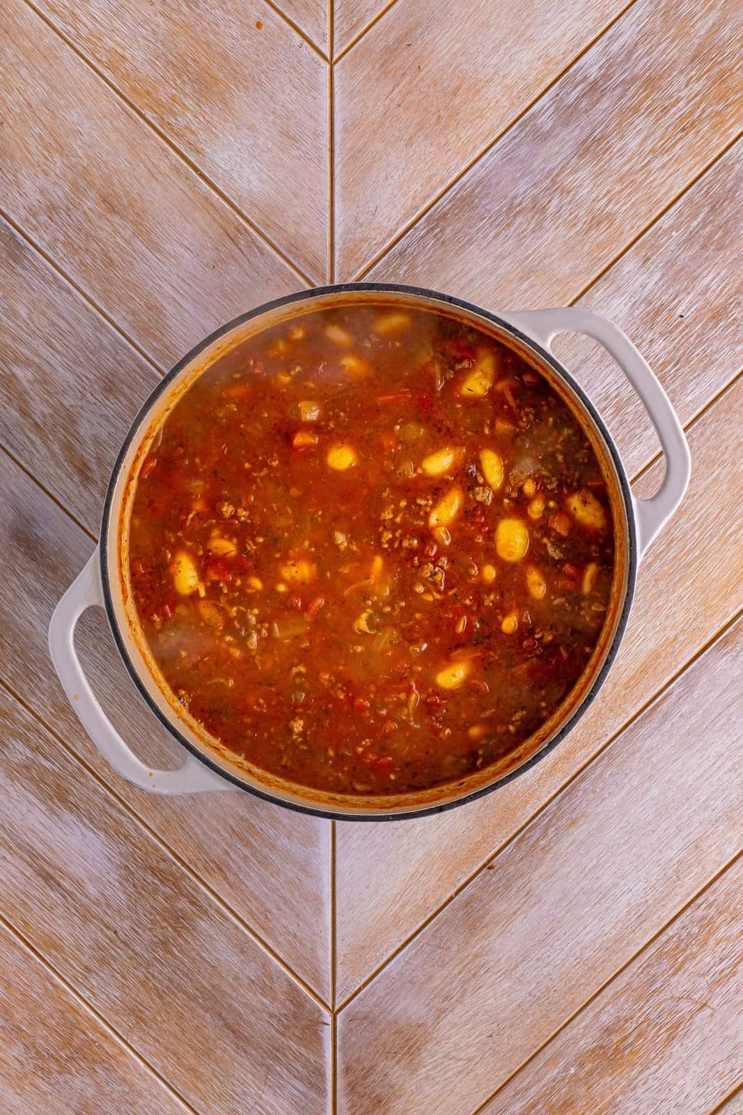A pot with Italian gnocchi soup.