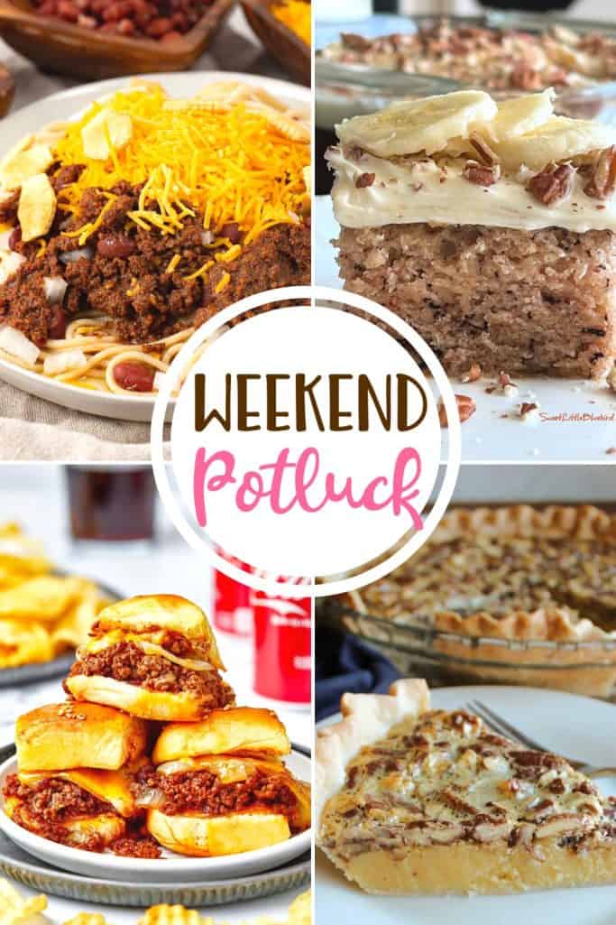 Weekend Potluck recipes include: Condensed Milk Pecan Pie, Instant Pot Cincinnati Chili, Sloppy Joe Sliders and Banana Crazy Cake.