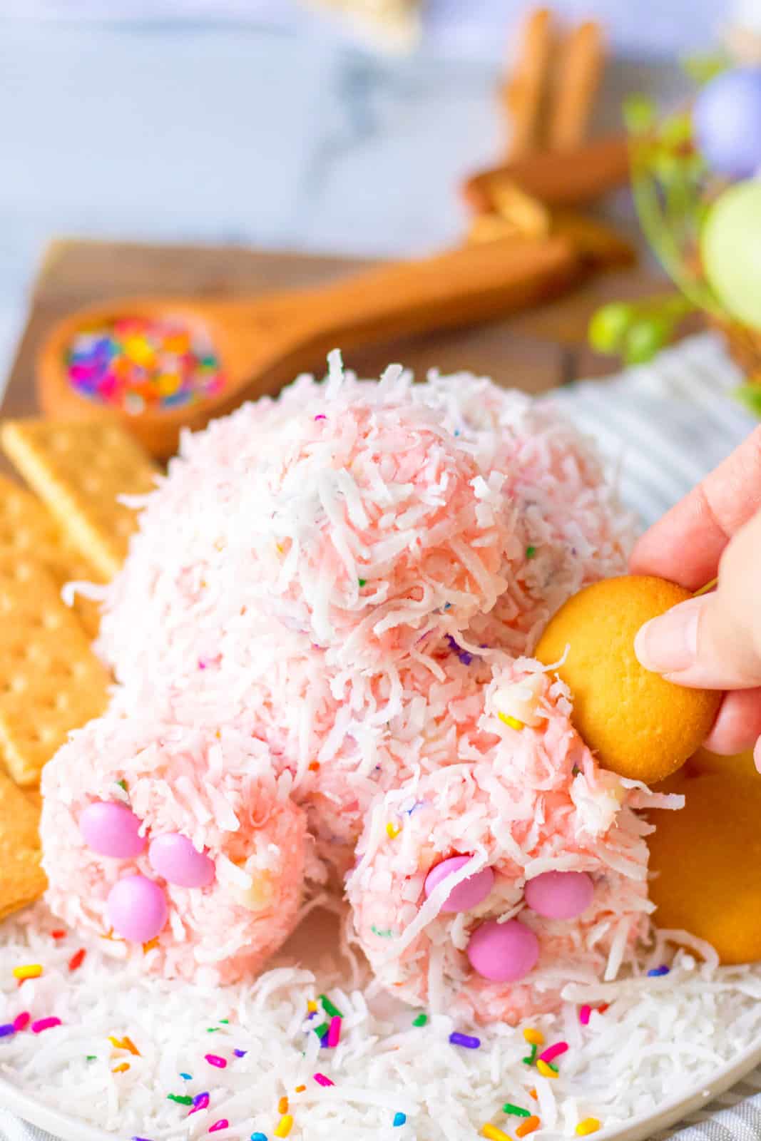 A hand dipping a nilla wafer in a bunny butt funfetti dip.