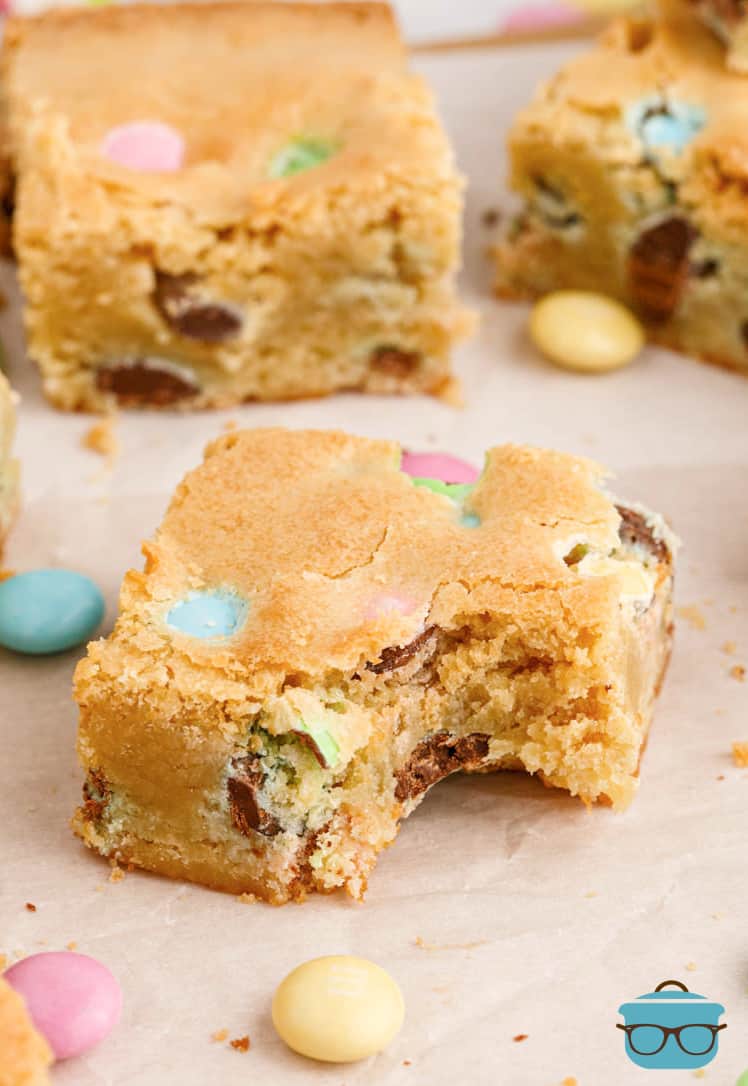 A few Easter Blondies with one that has a bite taken out of it.