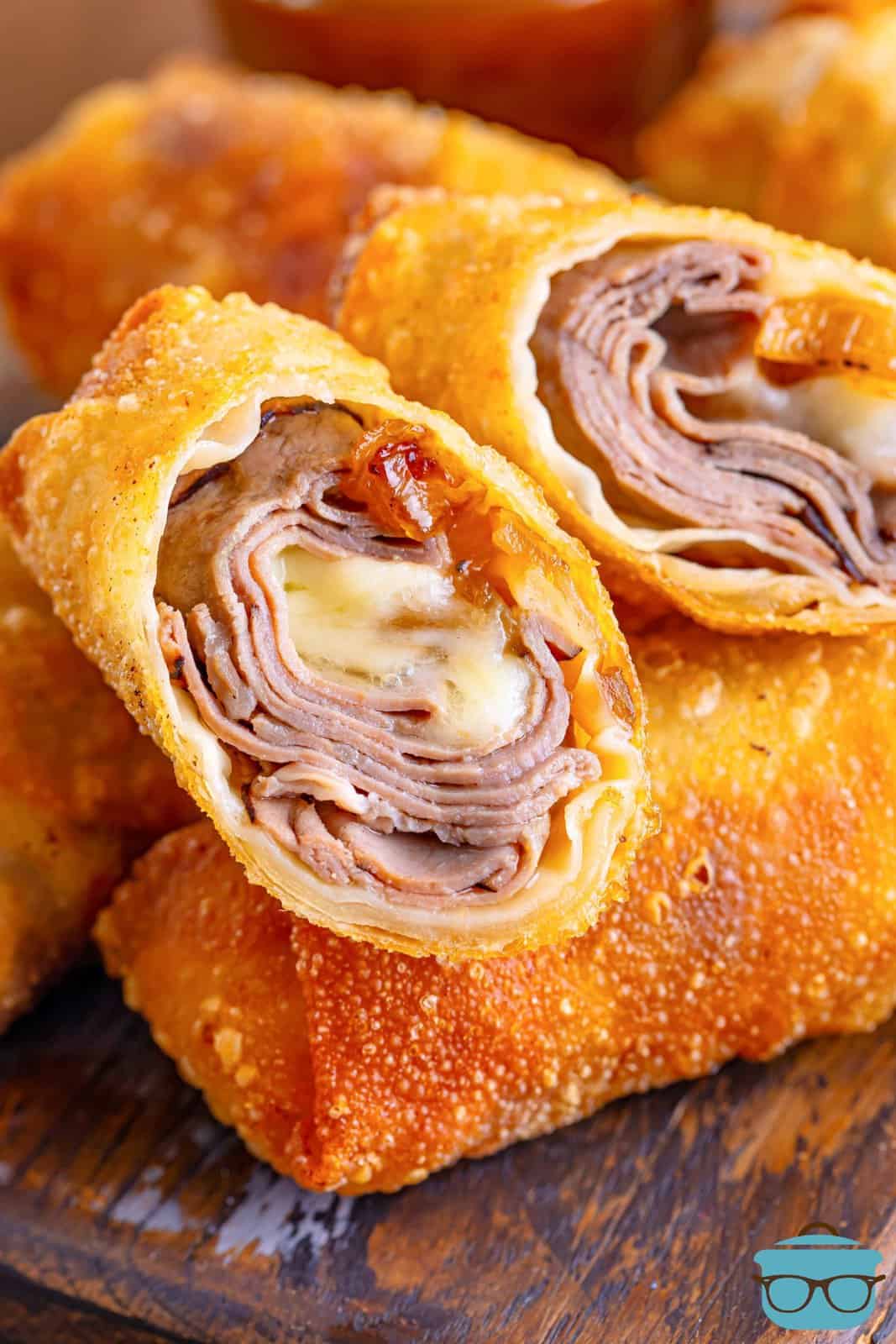 A stack of French Dip Egg Rolls.
