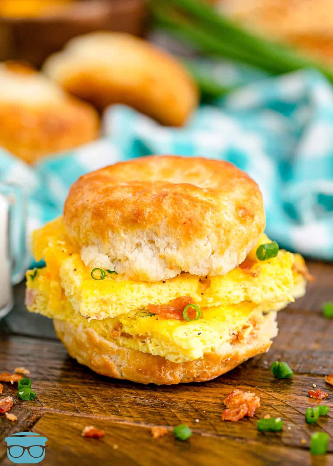 A biscuit sandwich using homemade Sheet Pan Eggs.