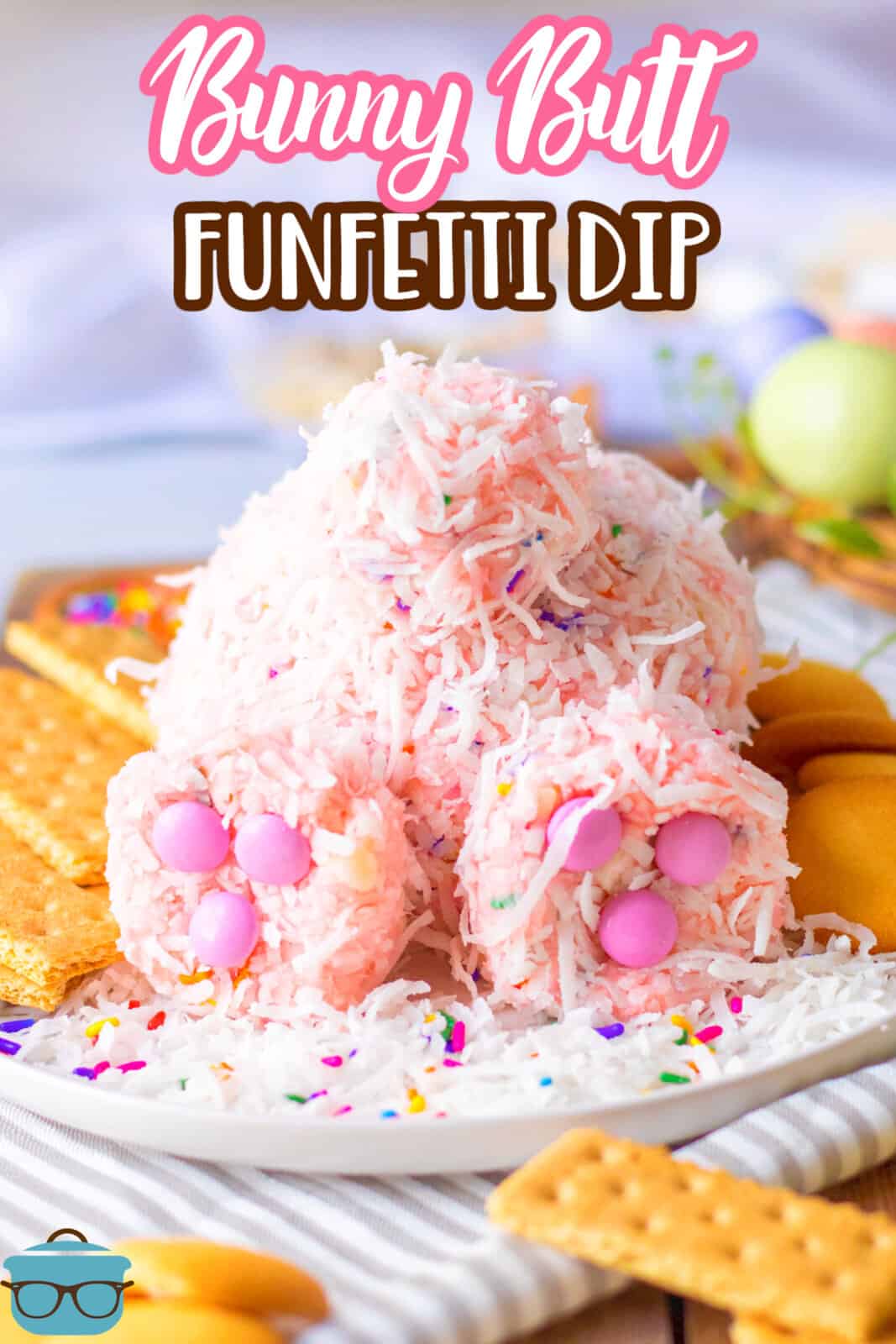 A Bunny Butt Funfetti Dip on a plate with treats around it to dip in it.
