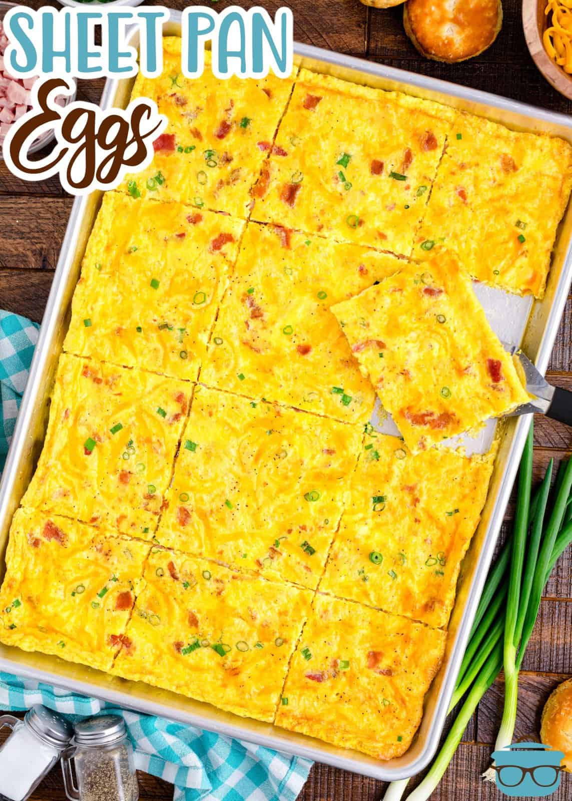 An angled baking tray with baked eggs on top.