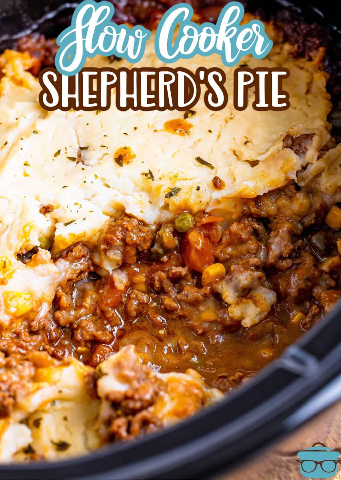 Looking down on a slow cooker with shepherd's pie.