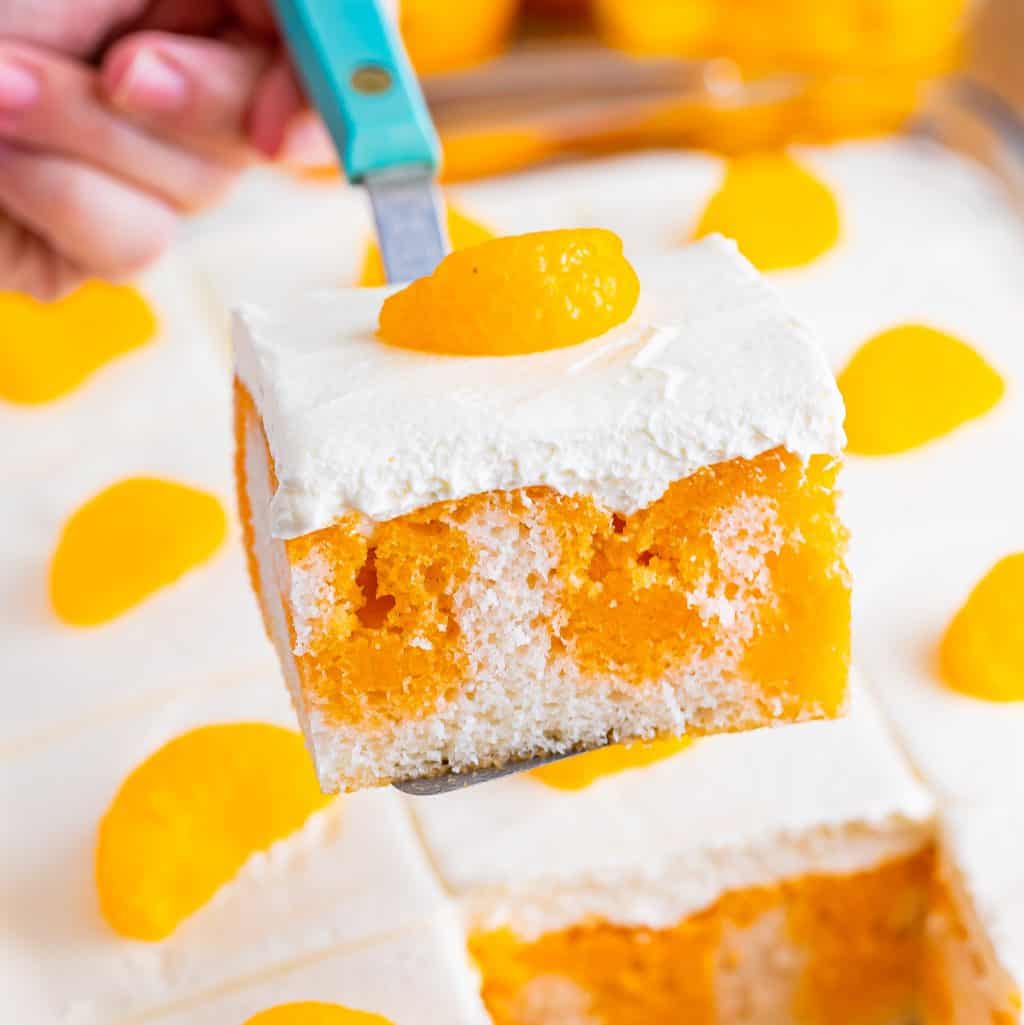 A piece of Orange Creamsicle Poke cake being held over the baking dish with the rest of the cake.