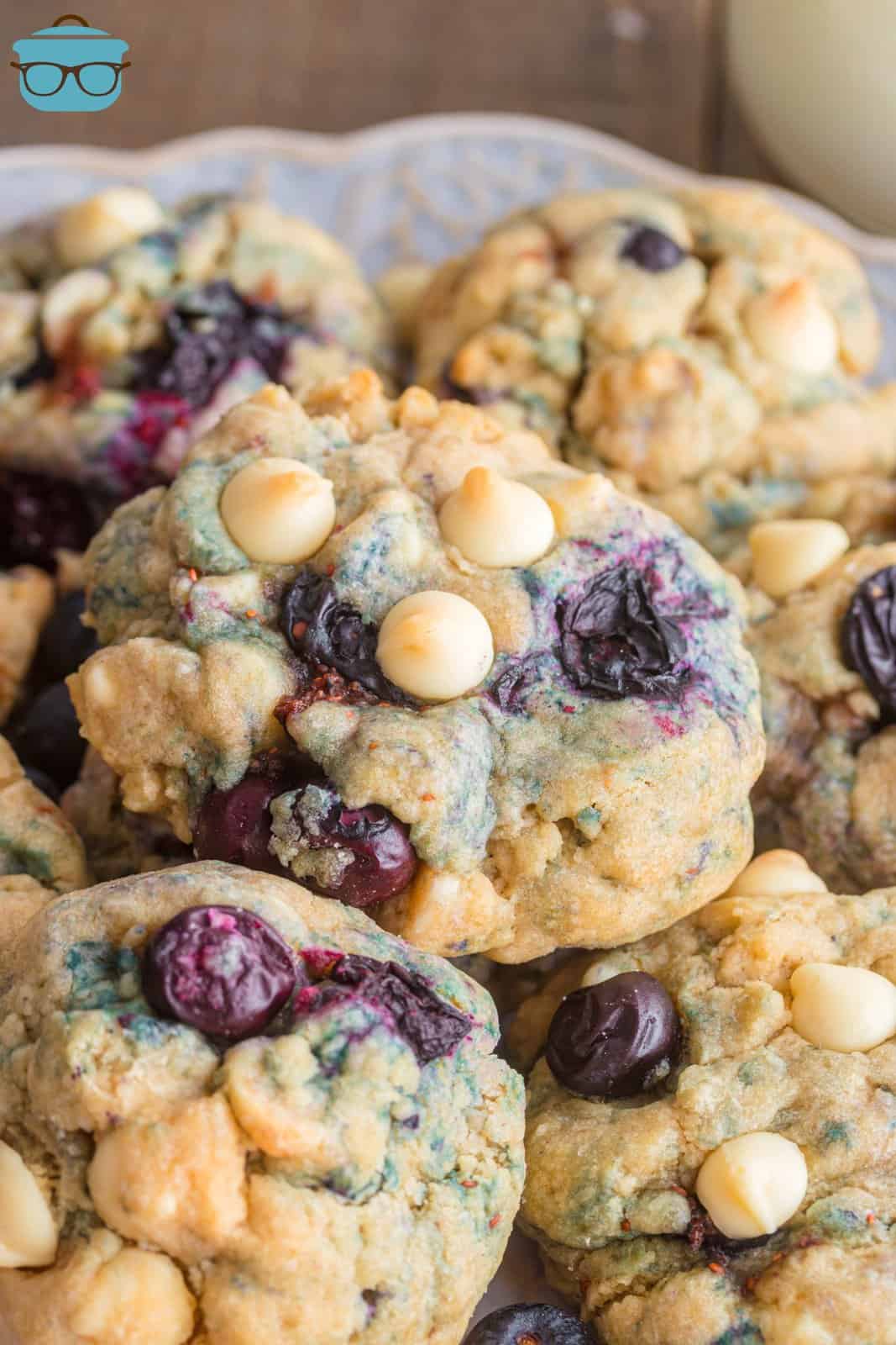 Close up looking at a few Blueberry Cookies with white chocolate chips.