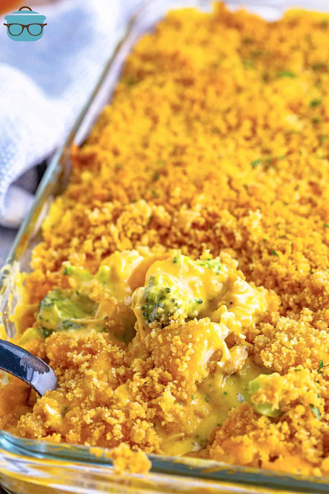 A baking dish with homeamde broccoli and chicken casserole. 