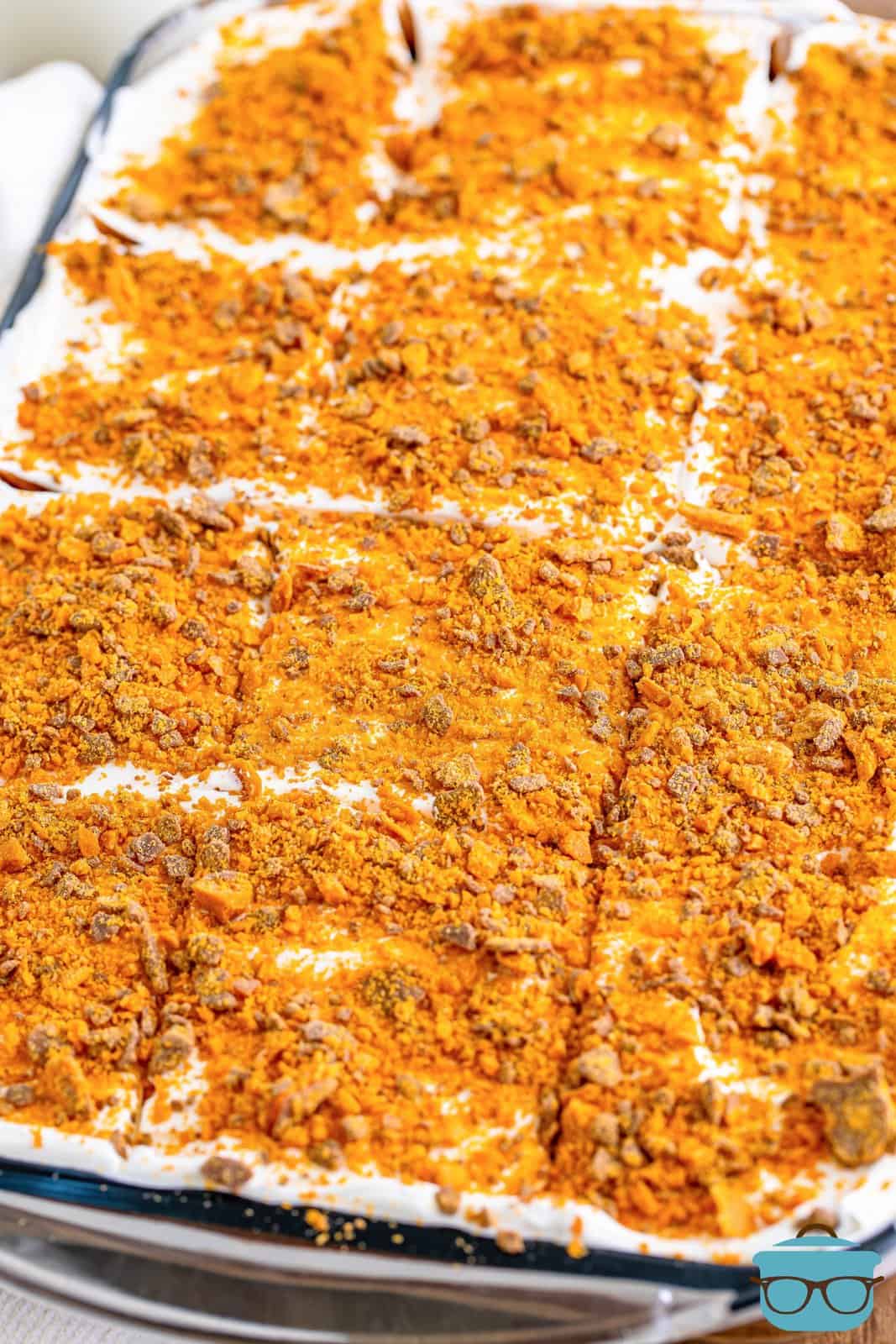 Looking down on a baking dish of Butterfinger Lush.