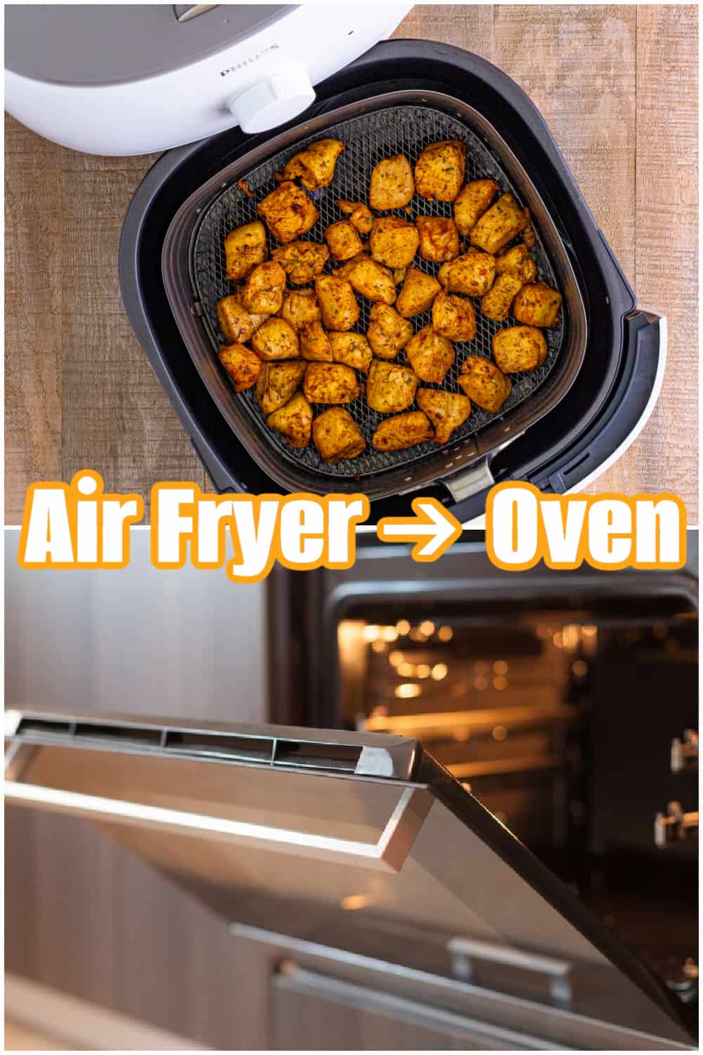 A collage with the top photo showing an open air fryer with pieces of chicken in it and the bottom photo showing an oven with the door slightly ajar. 