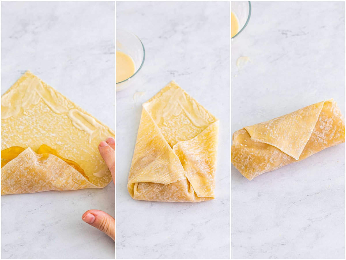 collage of three photos: a moistened egg roll wrapper with apple pie filling that is being rolled up; two sides of the egg roll wrapper folded in; showing a fully rolled apple pie egg roll.