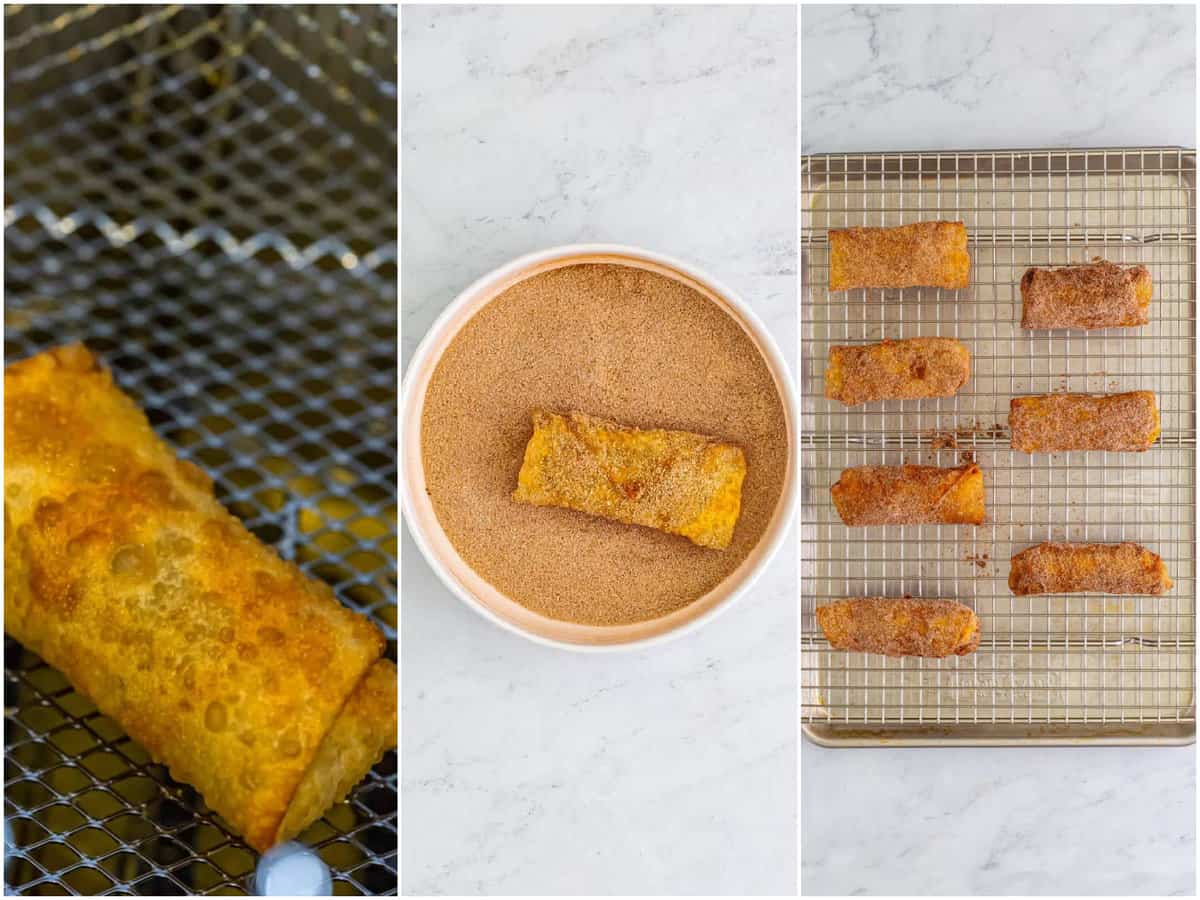 collage of three photos: an egg roll being deep fried; fried egg roll being rolled in a bowl of cinnamon sugar; finished egg rolls on a cooling rack. 