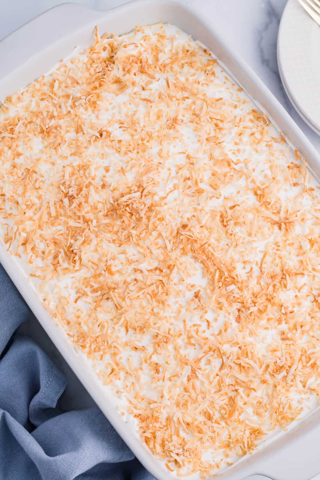 Toasted coconut on top of a coconut lush dessert in a baking dish.