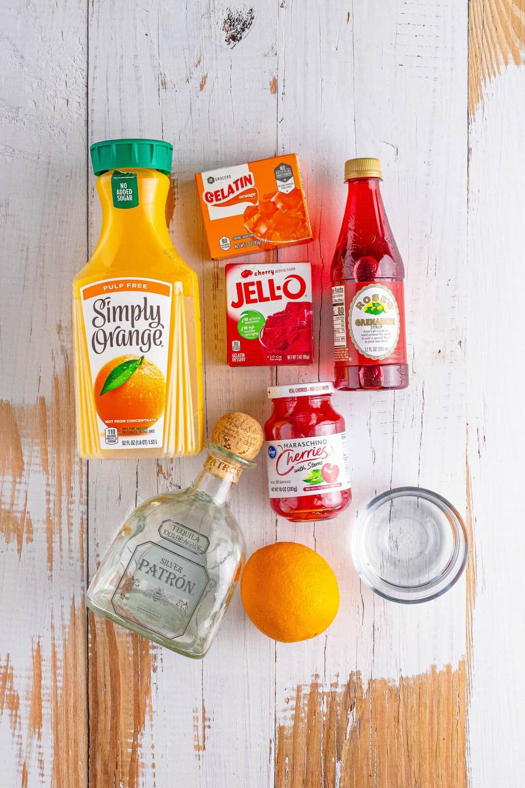 Orange juice, grenadine, oranges, tequila, water, cherry and orange Jell-O, and cherries. 