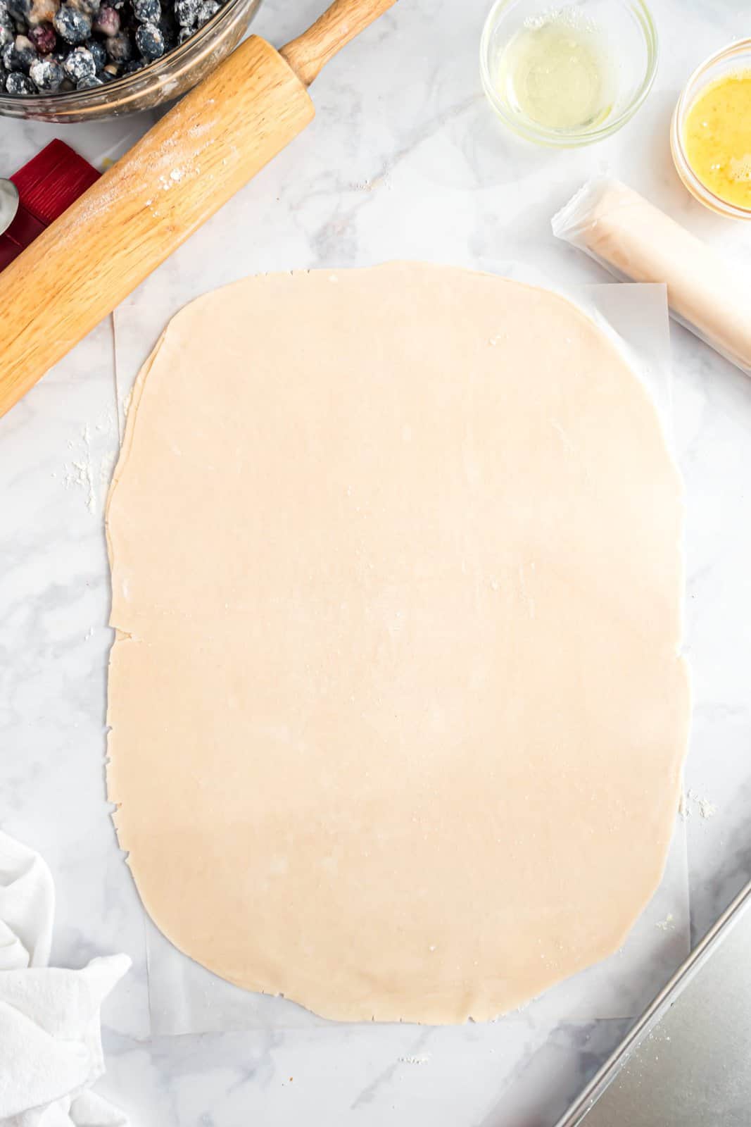 Dough rolled out into a rectangle.