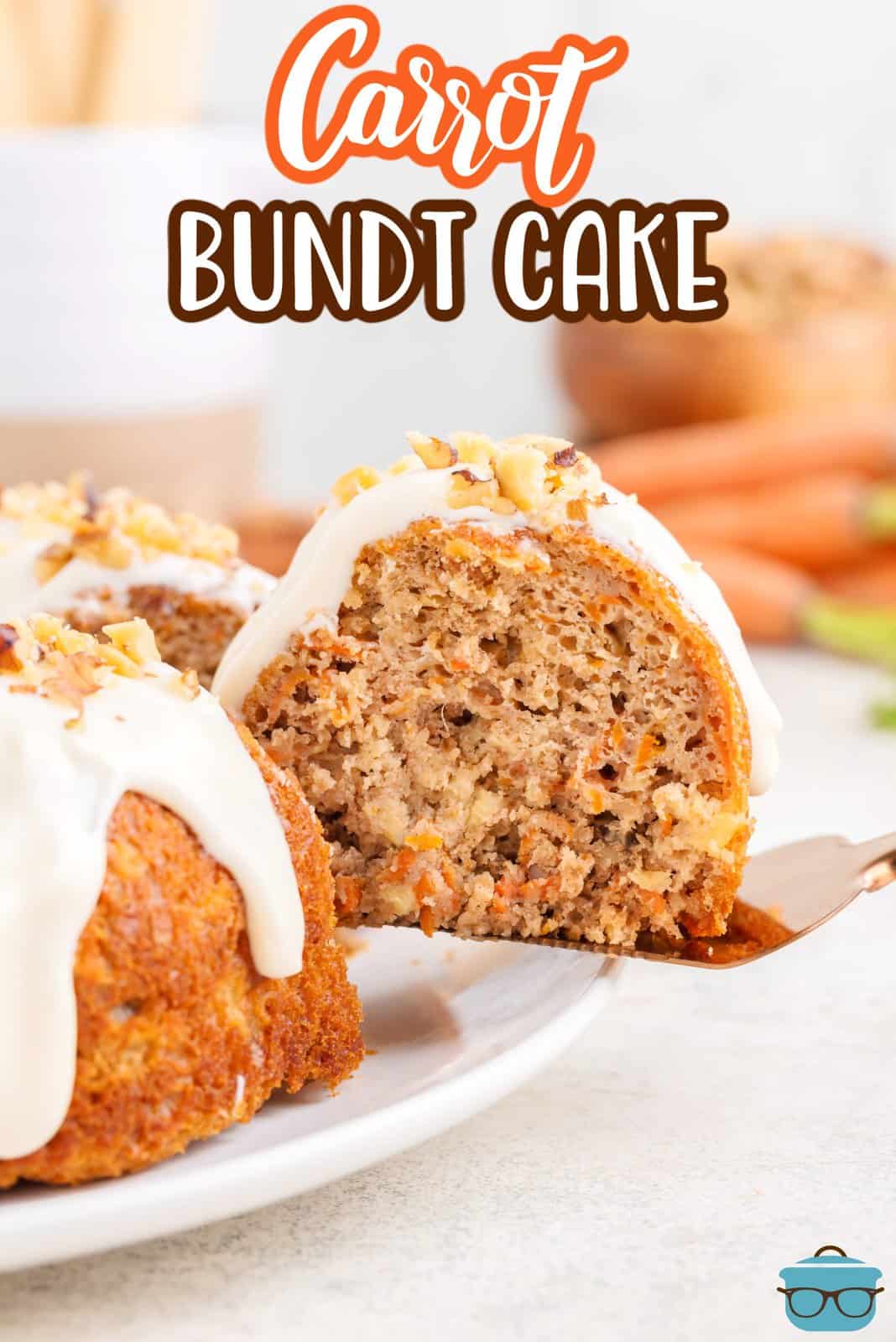 A slice of Carrot Cake Bundt Cake being on a serving utensil.