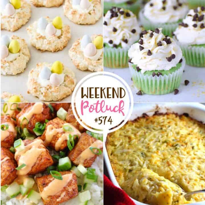 Weekend Potluck featured recipes include: Cheesy Hash Brown Casserole, Easter Coconut Macarons (Bird Nest Cookies), Cannoli Cupcakes and Bang Bang Salmon Bites.