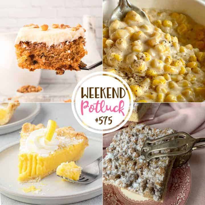 Weekend Potluck featured recipes: Arizona Sunshine Lemon Pie, Copycat Entenmann's Crumb Coffee Cake, Old-Fashioned Carrot Cake and Homemade Creamed Corn.